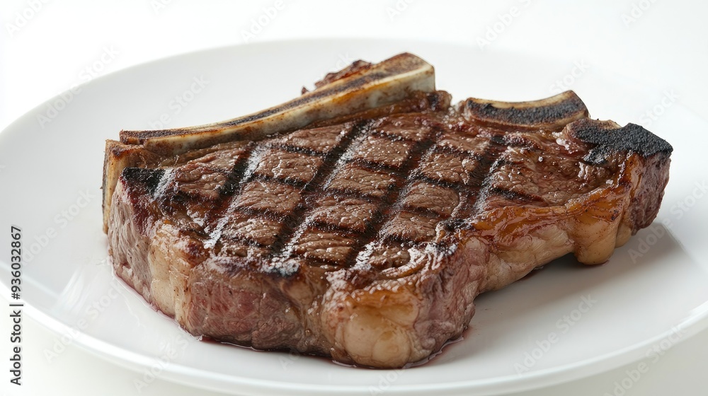 Isolated grilled beef steak with bone on a white plate, set against a white background. The focus is on the steak's succulent, tender meat. -