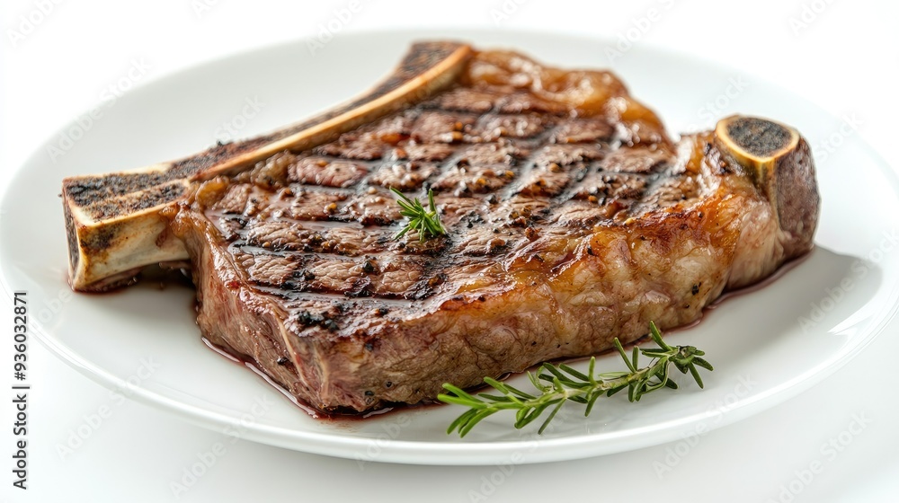 Isolated grilled beef steak with bone on a white plate, set against a white background. The focus is on the steak's succulent, tender meat. - Isolated grilled beef steak with bone on a white plate, set against a white background. The focus is on the steak's succulent, tender meat. -