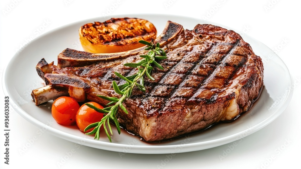 Isolated grilled beef steak with bone on a plate, presented on a white background. The char marks emphasize the steak's smoky flavor. - Isolated grilled beef steak with bone on a plate, presented on a white background. The char marks emphasize the steak's smoky flavor. -
