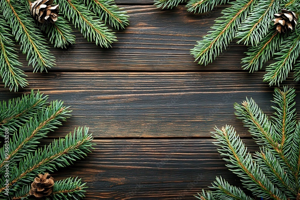 Christmas or New Year background with fir branches on the right and left side on dark wooden background. Place for your text Christmas or New Year background with fir branches on the right and left side on dark wooden background. Place for your text