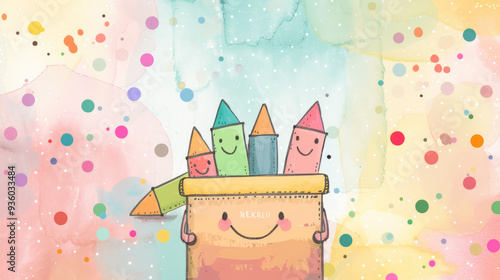 Cheerful cartoon crayons in colorful box, playful pastel watercolor background with confetti