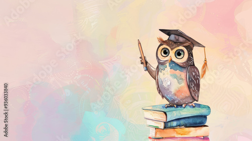 Cute owl in graduation cap holding pencil, perched on stack of books, pastel watercolor background