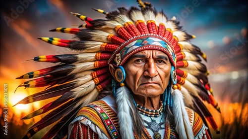 of a vibrant Indian tribal leader in traditional North American costume , funny, colorful, national, costume photo