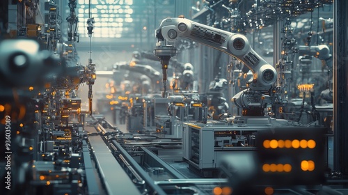 A modern industrial site with automated machinery, robotics, and AI-driven systems, highlighting the role of technology in optimizing industrial processes and increasing efficiency