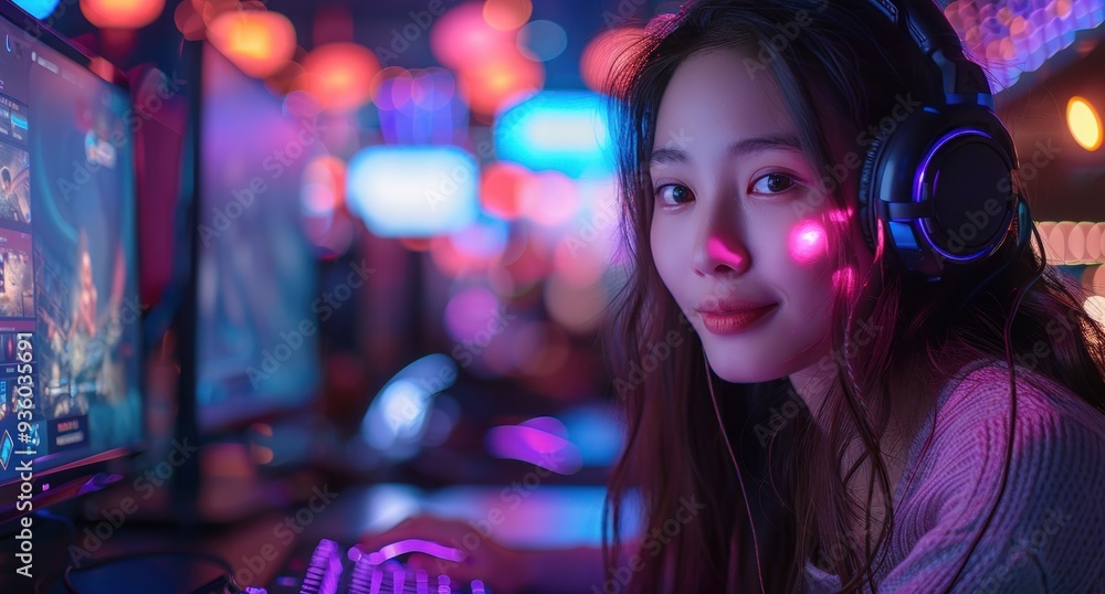 Gamer Girl with Headphones and Neon Lights Gamer Girl with Headphones and Neon Lights