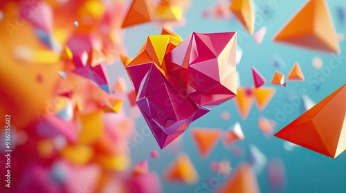 Lively 3D composition featuring vibrant, energetic polygonal shapes in motion.