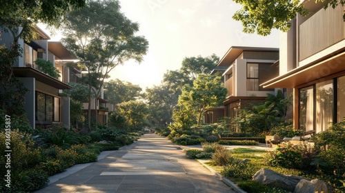 Rows of new and modern suburban residential homes in a newly developed area. photo