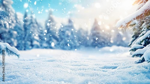 winter landscape with snow covered pine branches framing a snowy forest landscape with trees