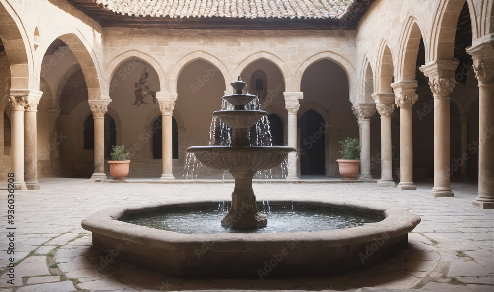 Obraz premium A fountain sits in the center of a stone courtyard with arched walkways