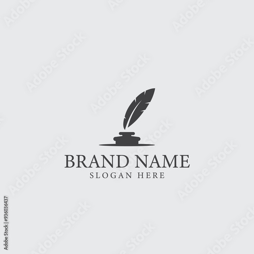 Feather pen and inkwell logo design template. Vector illustration.