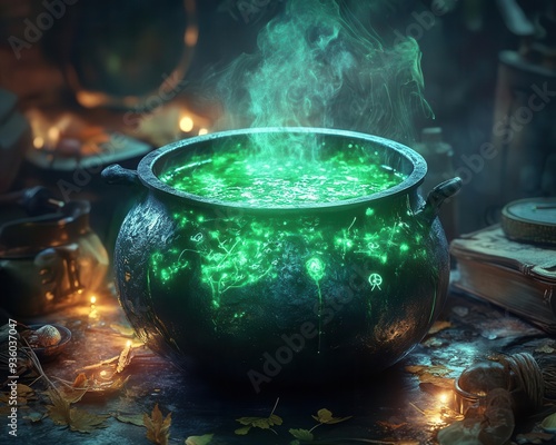 Cauldron bubbling with a green, glowing potion, surrounded by spooky ingredients, Mysterious, Cool Tones, Detailed photo