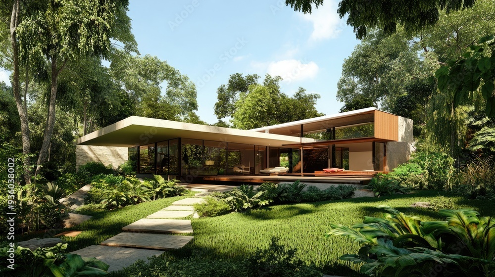 Modern house 3D rendering featuring a cantilevered design and lush landscaping. Modern house 3D rendering featuring a cantilevered design and lush landscaping.