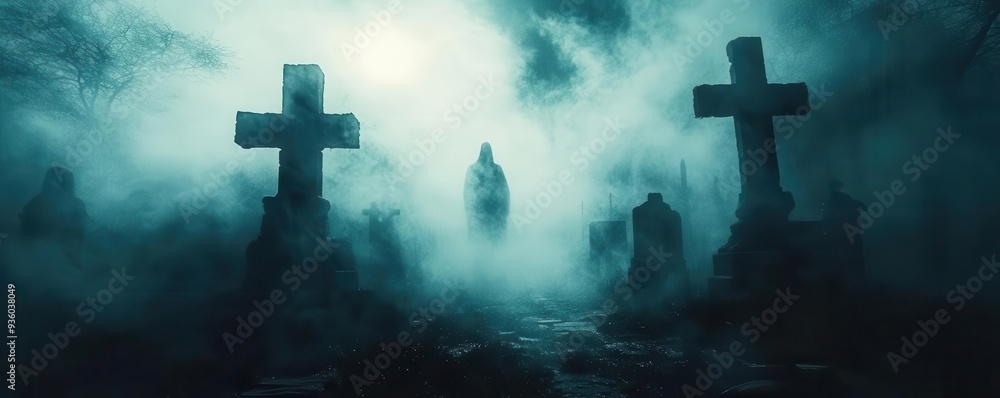 Eerie Halloween night apparitions floating through a dark, foggy cemetery, captured in eerie lighting, Spooky, Cool Tones, Atmospheric Eerie Halloween night apparitions floating through a dark, foggy cemetery, captured in eerie lighting, Spooky, Cool Tones, Atmospheric