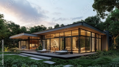 Modern house 3D visualization featuring a rooftop deck and expansive glass walls. -