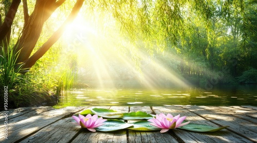 Bright yellow water lilies blossom on a summer lake, complemented by a sweeping willow tree and a vibrant green landscape under a clear blue sky photo