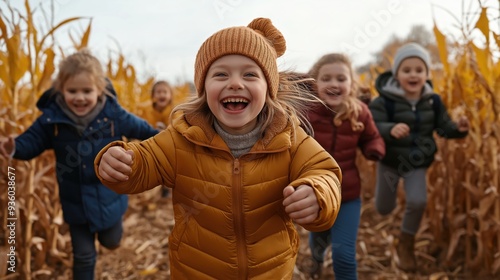 Group of cheerful children in warm jackets and hats running through a cornfield during autumn.