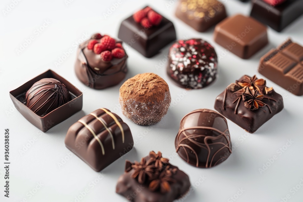 A collection of gourmet chocolate candies on a white background, with full depth of field, showcasing intricate designs and rich textures A collection of gourmet chocolate candies on a white background, with full depth of field, showcasing intricate designs and rich textures
