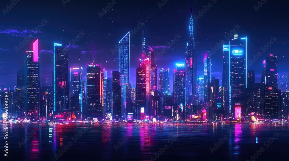 Night city skyline with neon glow. Illustration with architecture, skyscrapers, megapolis, buildings, downtown. - Night city skyline with neon glow. Illustration with architecture, skyscrapers, megapolis, buildings, downtown. -