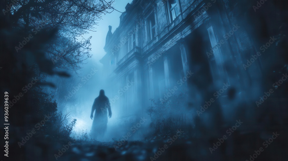 Obraz premium Eerie Halloween night haunted legends with ghostly figures appearing in the shadows of a haunted mansion, captured in eerie lighting, Spooky, Cool Tones, Atmospheric