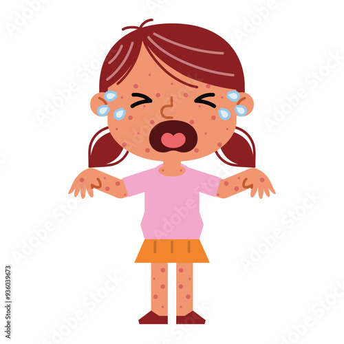 Sad kid girl having chicken pox. red spots appearing on the skin. Viral infections and skin diseases. health problems. Health care cartoon character vector illustration.