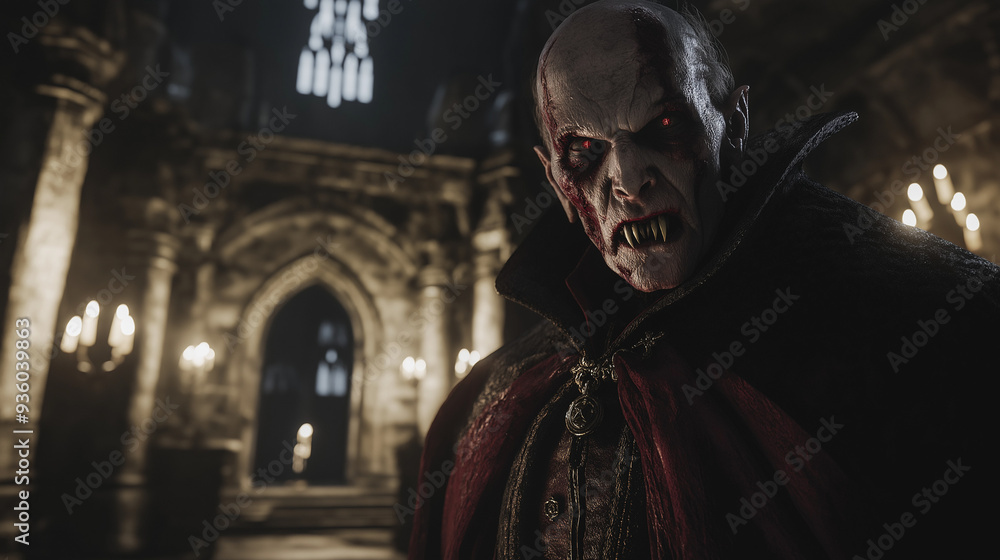 Naklejka premium Sinister Vampire in Dark Gothic Castle with Candlelit Background, Halloween Theme