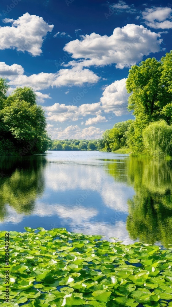 Bright yellow water lilies blossom on a summer lake, complemented by a sweeping willow tree and a vibrant green landscape under a clear blue sky Bright yellow water lilies blossom on a summer lake, complemented by a sweeping willow tree and a vibrant green landscape under a clear blue sky