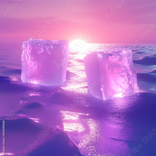 Levitating Ice Blocks in Surreal Radiant Ocean with Synthwave Inspired Minimalist Geometry photo