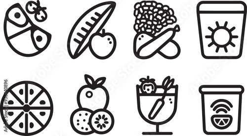 AdoA minimalist vector icon set with a dietary fiber, whole grains, meal timing, and energy balance