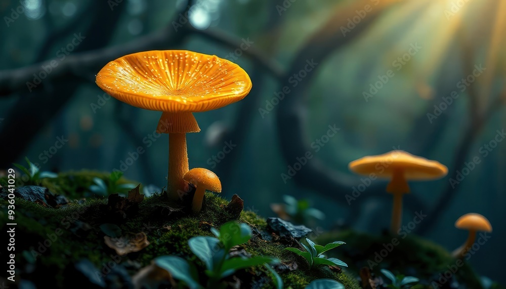 Fototapeta premium Mushroom Wallpaper ,Fantasy Wallpaper, 4K, Mushroom Light, Fantasy Mushroom, Jungle, Forest Mushroom, Jungle Background, fantasy, ai