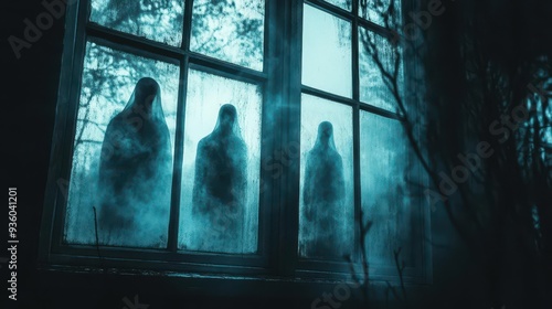 Eerie Halloween night legends with ghostly figures appearing in dark windows, captured in eerie lighting, Creepy, Cool Tones, Atmospheric