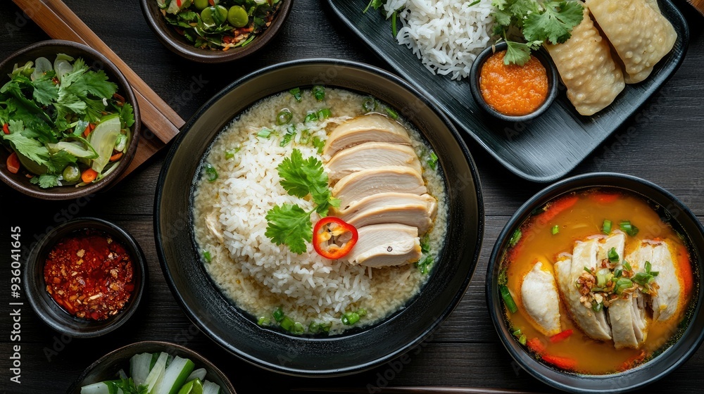 Overhead shot of Hainanese chicken rice and soup on a dark wooden table. Thai cuisine presentation with emphasis on traditional and comforting elements. Overhead shot of Hainanese chicken rice and soup on a dark wooden table. Thai cuisine presentation with emphasis on traditional and comforting elements.