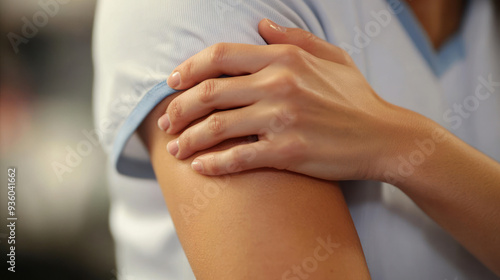 Closeup of therapists hands performing manual therapy on patients shoulder, physical therapy, handson healing