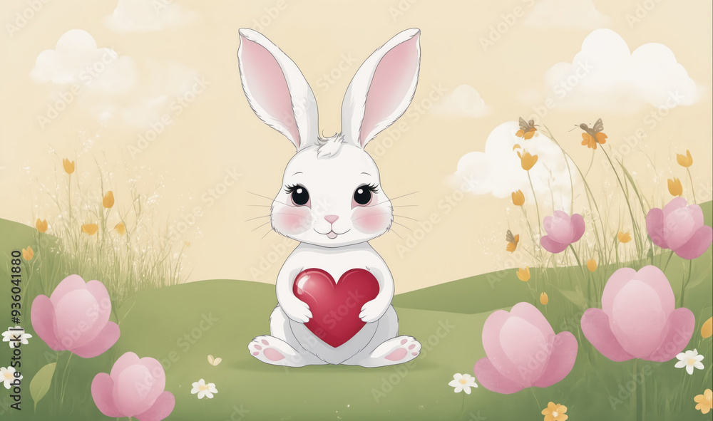 A white rabbit with pink ears sits in a field of flowers holding a red heart A white rabbit with pink ears sits in a field of flowers holding a red heart