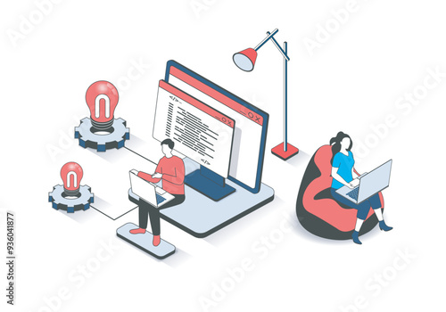 Software programming 3d isometric concept with isometry people design for web. Man and woman creating code at screens for new apps and programs, designer team working at laptops. Vector illustration.