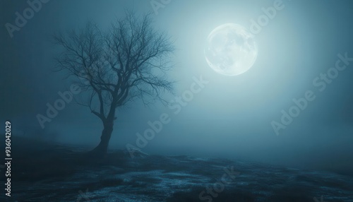 Eerie night with the full moon shining down on a foggy, desolate landscape, Spooky, Cool Tones, Atmospheric