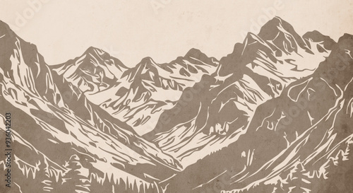 Mountain landscape. Vector graphics. Logo design for use in graphics. T-shirt print, tattoo design. Minimalist illustration for printing on wall decorations. Vintage grunge old .