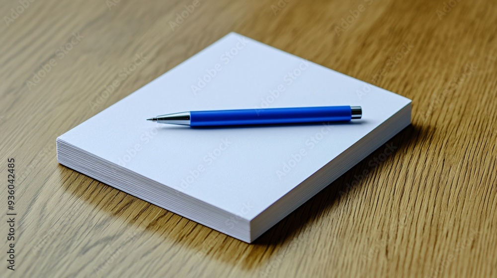 Minimalist White Notepad with Blue Pen on Wooden Desk Minimalist White Notepad with Blue Pen on Wooden Desk