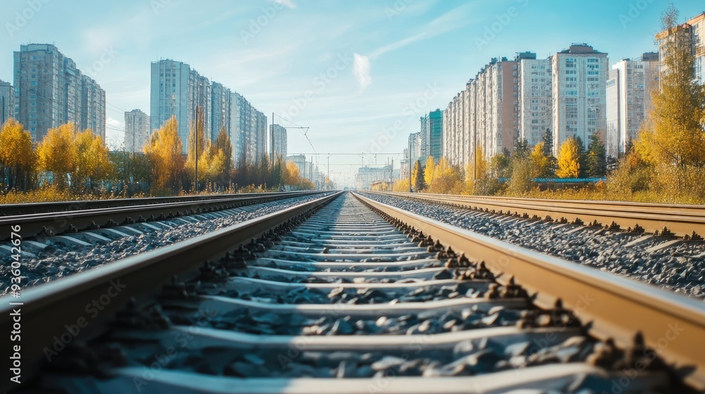 Fototapeta premium perspective of railway track forward to building in city
