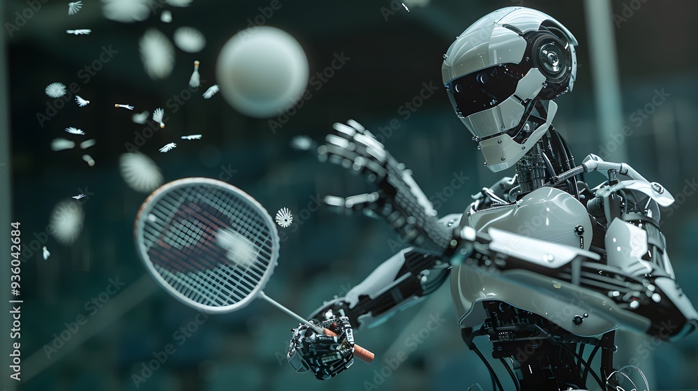 Fototapeta premium Robot Badminton Player Smashing Birdie: A robot badminton player smashing the shuttlecock with precision. 