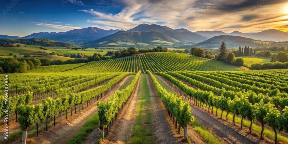 Fototapeta premium Vineyard landscape with rows of grape vines and distant mountains