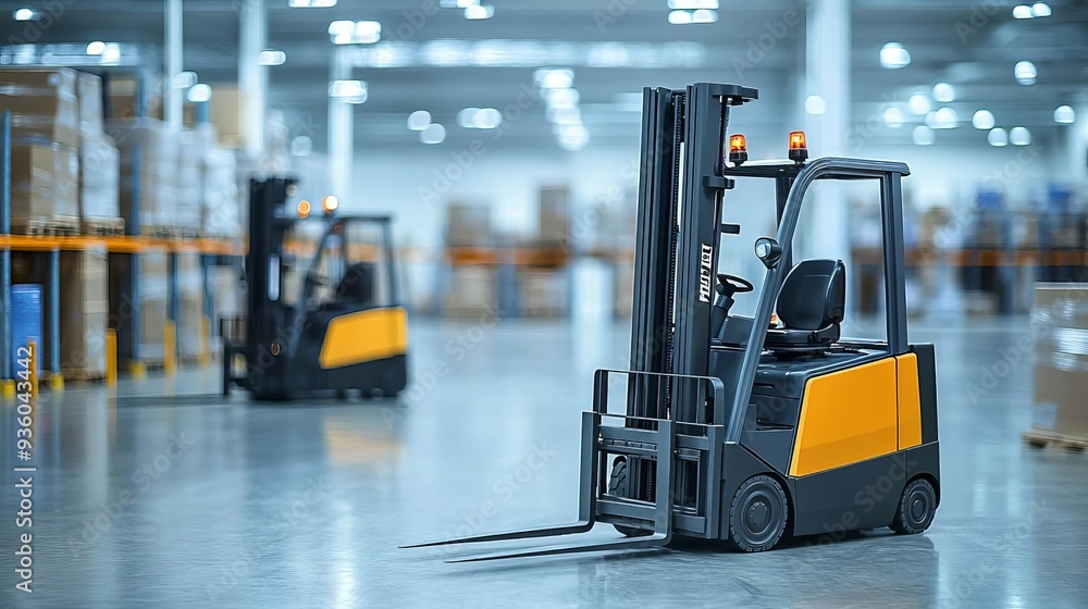 Robotic forklifts navigating a large warehouse, high-tech logistics, advanced distribution system Robotic forklifts navigating a large warehouse, high-tech logistics, advanced distribution system
