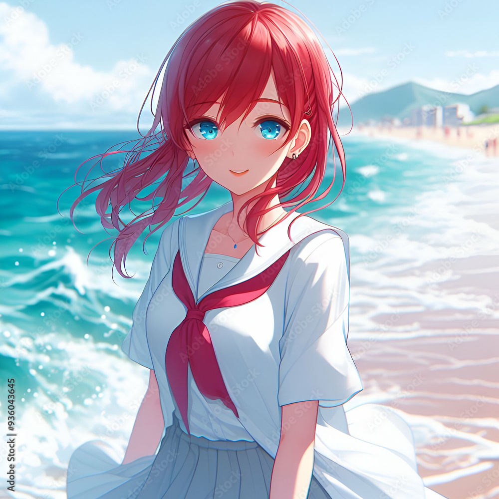 individual with red hair and a white shirt with a red necktie standing on a beach, facing the ocean, with waves crashing and a clear blue sky in the background. individual with red hair and a white shirt with a red necktie standing on a beach, facing the ocean, with waves crashing and a clear blue sky in the background.