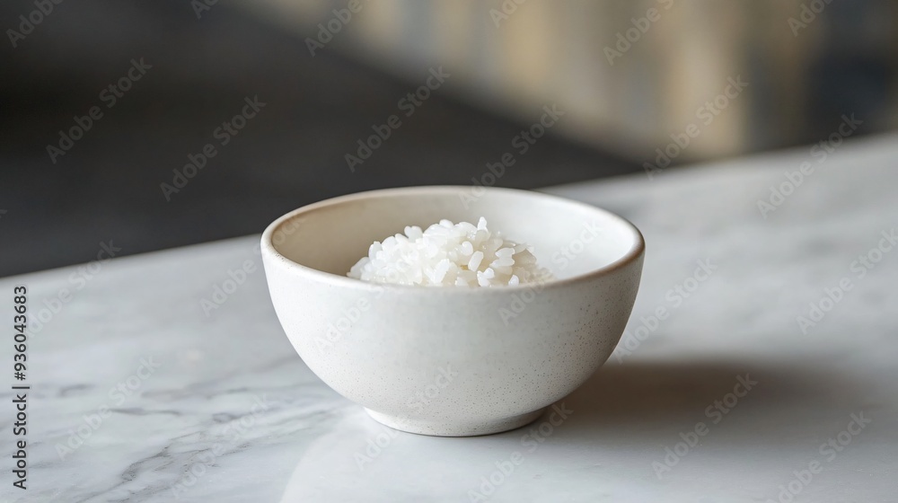 Simple White Ceramic Bowl with Small Portion of Rice on Clean Surface Simple White Ceramic Bowl with Small Portion of Rice on Clean Surface
