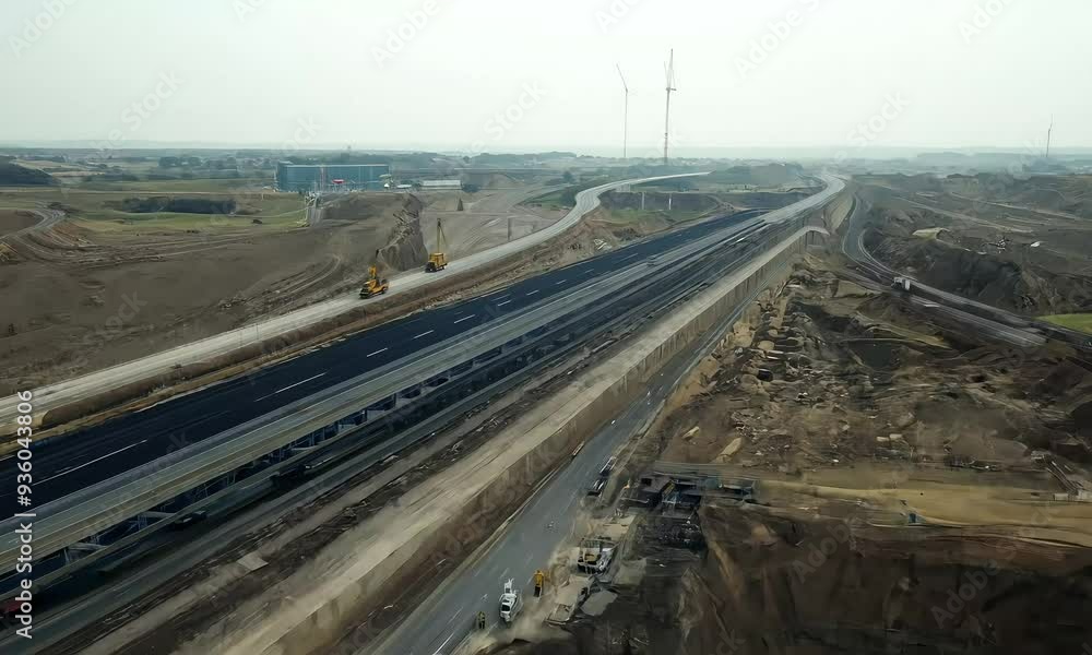Aerial view of a large industrial site with roads and machinery in a barren landscape. Aerial view of a large industrial site with roads and machinery in a barren landscape.
