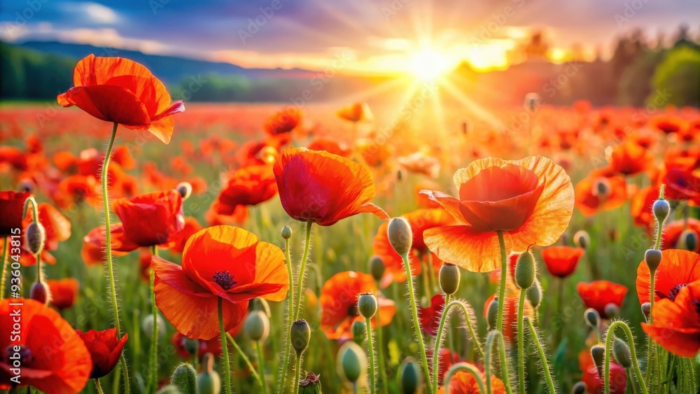 Vibrant poppies field bathed in sunlight rays Vibrant poppies field bathed in sunlight rays