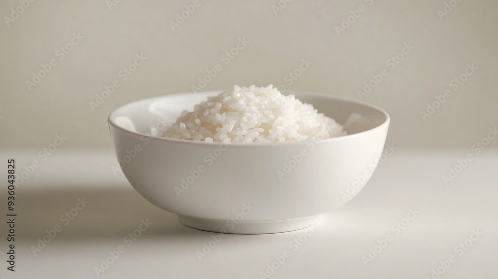 Simple White Ceramic Bowl with Small Portion of Rice on Clean Surface Simple White Ceramic Bowl with Small Portion of Rice on Clean Surface