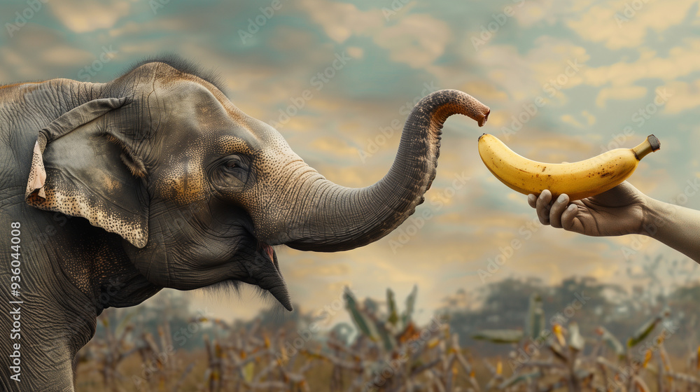 Fototapeta premium An elephant extends its trunk to take a banana being held by a person