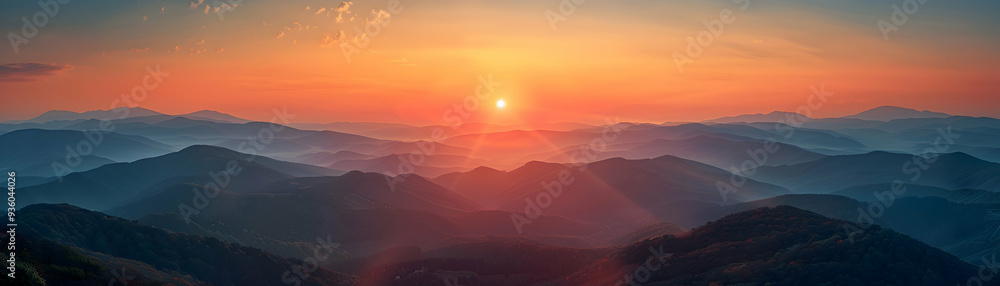 Fototapeta premium A timelapse view of sunrise and sunset over mountains with whimsical background for textgraphics Photo Realistic Photo Stock Concept