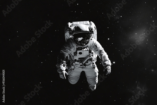 An astronaut floating in space in black and white photography on black backgraund