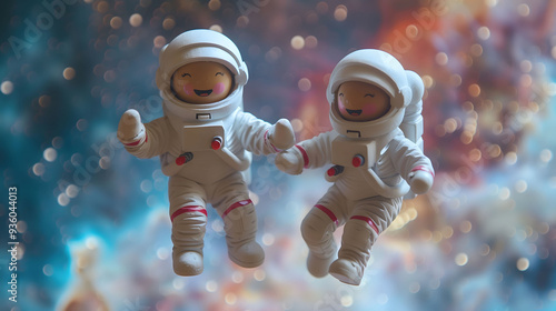 Diorama of Two Happy Little Astronaut Floating in Space Blurry Nebula in Background photo